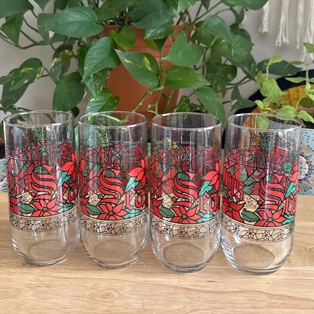 Vintage Houze Glass Season's Greetings Poinsettia Stained Glass 16oz Tumblers 4